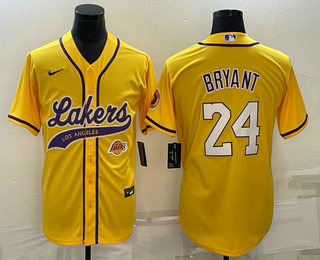 Men%27s Los Angeles Lakers #24 Kobe Bryant Yellow With Patch Cool Base Stitched Baseball Jerseys